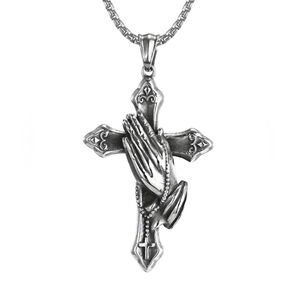 Silver Cross Pendant with Praying Hands